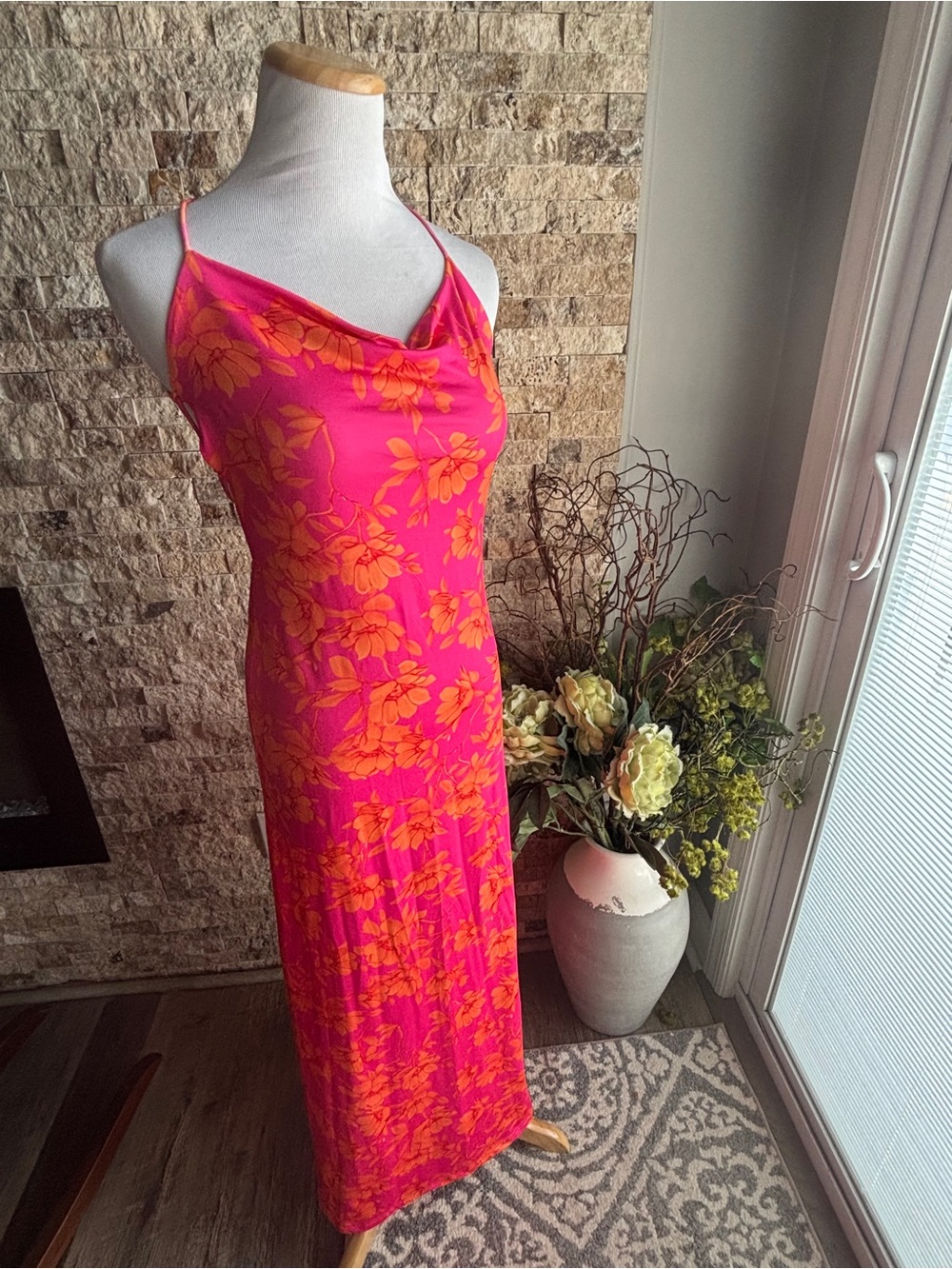 Fuchsia & Orange Floral Cowl Neck Maxi Dress